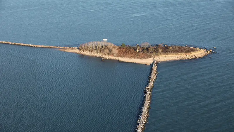 Illustrative photo: Aerial view of Duck Island and a stone breakwater in Long Island Sound