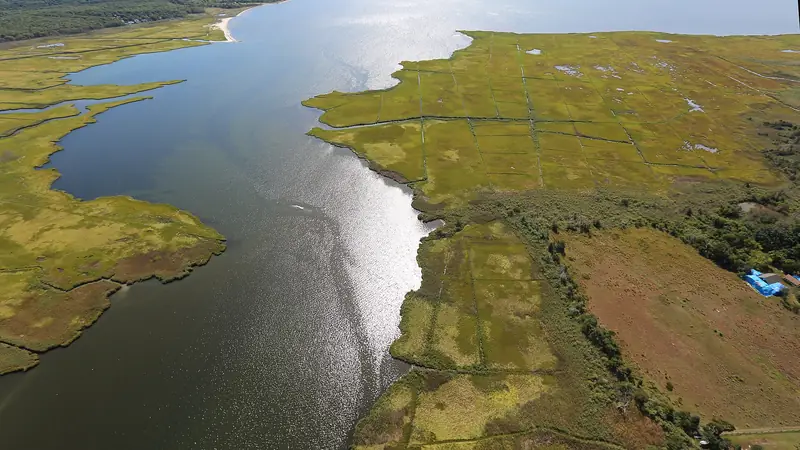 Illustrative photo: Aerial view of a tidal river winding through salt marsh at Wertheim National Wildlife Refuge on Long Island